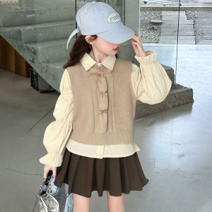 MPW | Girls Preppy Style Knitted Sweater Set Skirt Three-Piece Set Spring Autumn Floral Print Long Sleeve Elastic Waist Dress