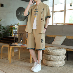 ชุดเสื้อยืดแขนสั้นผู้ชายสไตล์จีนหนุ่ม ทันสมัย ฤดูร้อน เสื้อผ้าไซส์ใหญ่ ชุดฮั่นฝู พิมพ์วัฒนธรรมจีนแบบดั้งเดิม