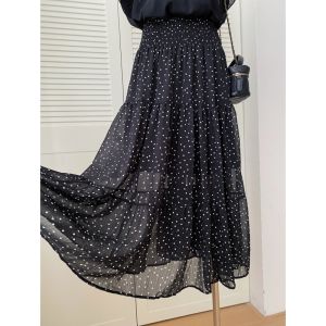 กระโปรงทรงเอเอวสูงสีดำสไตล์วินเทจ กระโปรงทรงเอพิมพ์ลายจุดสำหรับผู้หญิง ฤดูร้อน 2025 กระโปรงทรงเอเอวสูงทรงหลวม