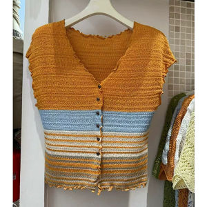 YUEZHONGWEI | Slim V-Neck Stripe Wooden Ear Edge Ice Silk Knit Cardigan