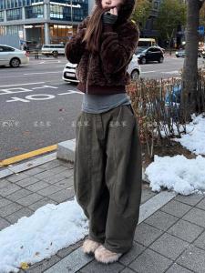 American Retro Military Green Workwear Jeans Womens Design Loose Lazy Style Silhouette Knife Edge Wide Leg Long Pants