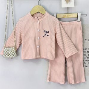 ชุดสูท Balita Perempuan ใหม่สำหรับเด็ก1-3ขวบคาร์ดิแกนแขนยาวโบว์ชุดสูทสีชมพูสำหรับฤดูใบไม้ร่วงและกางเกงสองชิ้น
