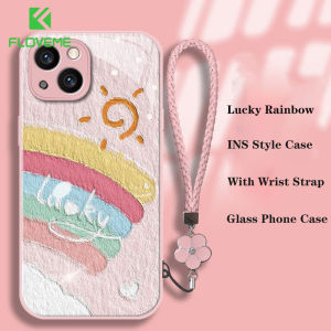 FLOVEME Lucky Rainbow Painted Glass Phone Case For iphone 15 14 13 12 11 Pro Max 15 14 Plus With Wrist Strap INS Style Lens Protection All-inclusive Shockproof Back Cover For iphone X XR XS Max