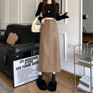 Caramel PU Leather Asymmetrical High Waist A-Line Long Skirt for Women Autumn Fashion Straight Cut Midi Skirts plus Size