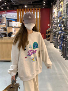 100% Pure Cotton American Retro Overhead Sweatshirt Womens Autumn Winter New Loose Lazy Thin Long Sleeve Trendy Top