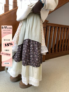 Sinbounboun Floral Lace Splicing A-Line Midi Skirt Womens Puffy Half-length Skirts Vintage Style High Waist Loose Fit Baking Cake Skirt