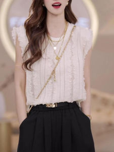 Shalldoer | Áo sơ mi nữ kiểu Pháp thời trang mùa hè cổ tròn viền hoa tai áo chui đầu dáng rộng màu trơn phong cách thường ngày