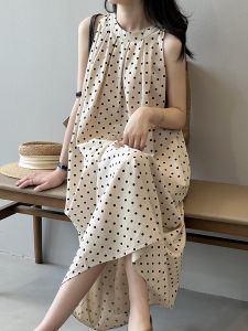 French Polka Dot Summer Dress Womens Sleeveless Cotton Lin Loose Long Skirt A-Line Silhouette Artistic Style Printed Dress