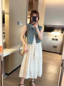 Fashionable Halter Dress Womens Set Summer 2025 Short Sleeve Denim Jacket Two Piece Trendy Commute Style Long A-Line Skirt