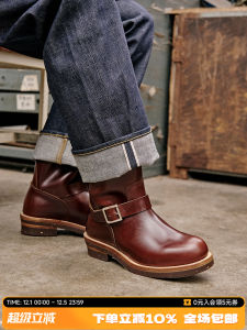 Retro Motorcycle Boots Engineer Workwear Long Boots Oil Wax Buckle Motorcycle Tea Core Waxed Leather round Toe Mid-Calf Boots