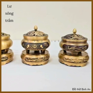 Lư hương bằng đồng Lư xông trầm hương khảm rồng phượng-Dụng cụ xông trầm hương-Đồ thờ Bình An