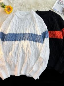 Áo Len Dệt Kim Cổ Cao Dáng Rộng Cho Nam Áo Len Dệt Kim Phong Cách Retro Đa Năng Cho Thanh Thiếu Niên Áo Len Dệt Kim Màu Khối