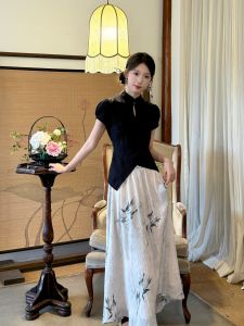 New Original Chinese Style Black Top Set Womens Fashion Summer 2025 Seasonal Polyester Fiber Quiet Zen Sensation Ensemble
