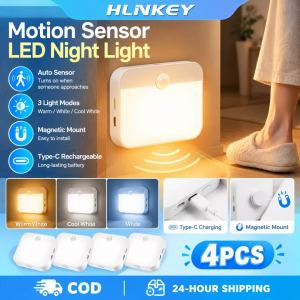 Hlinkey 4 cái đèn cảm biến chuyển động có thể sạc lại loại C 500mAh mag-netic Đèn Ngủ Led 120 độ phát hiện đèn gắn tủ không dây cho tủ quần áo cầu thang cạnh giường ngủ