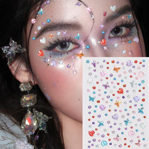 1Pcs 3D Iridescent Heart Buterfly Gems Face Tattoo Sticker Round Diamond Self-Adhesive Decals for Party Stage Body Makeup Jewels