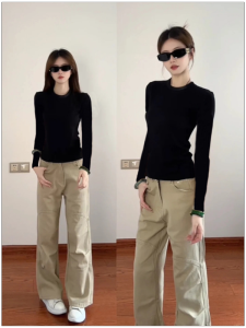 PEIXI | Black Close-Fitting Crew Neck Long Sleeve Top