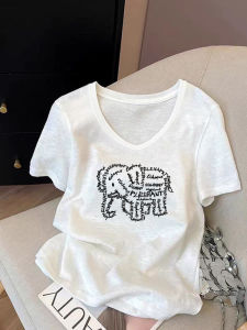 Snow Cotton V-Neck Short Sleeve T-Shirt Loose and Slimming