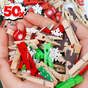 🎄Ready Stock🎄50PCS Christmas Wood Clips Xmas Tree Photo Clip Snowflake Deer DIY Craft Xmas Tree Mixed Cabochons Cartoon Wood Sticker Decor