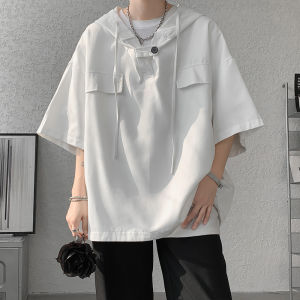 Áo Sơ Mi Có Mũ Trùm Đầu Nam Mùa Hè Hàn Quốc Áo Chui Đầu Nửa Tay Hip Hop Dáng Rộng Top Casual Dạo Phố Dây Rút M-5XL Nhiều Màu Sắc