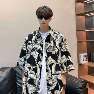 American-Style Black Florals Full Printed Short-Sleeved Shirt Mens Summer Fashion Brand Vintage High Street Shirt Coat