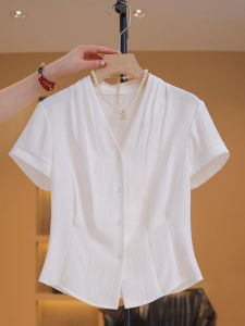 Shalldoer | French Design Elegant Single Button V-Neck Summer Short Sleeve Shirt