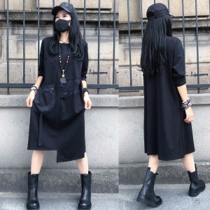 High Waist Midi Black Asymmetrical Splice Dress Womens Autumn New Style European Fashion Commute Style Long Sleeve round Neck