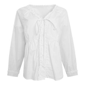 Plus Size Comfortable 100 Cotton Fall V-Neck Ruffle Long Sleeve Shirt with Lace
