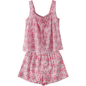 XEXZ | XEXZ Womens Summer New Pure Cotton Nightgown Set With Floral Print Short Sleeveless Round Neck Home Comfortable Sleepwear