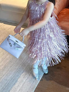 Bohemian Sequin Tassel Hanging Neck Girls Dress Birthday Princess Skirt Summer Cotton mid Waist Natural Color Cotton Cartoon