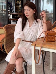 2025 New French Style Lace Hollow out Splicing White Dress Women Spring Autumn Gentle Temperament Skirt Polyester Fabric A-Line Skirt
