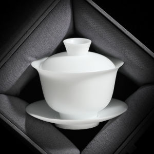 High-End White Porcelain Single Tea Bowl Cup Set Ceremonial Tea Brewing Three-Piece Set Simple Pure Color Handmade Ceramic