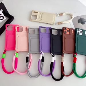 Silicone Wallet Card Bag Wrist Short Rope Case for iPhone 18 17 16 15 14 13 12 Pro Max Plus Air 17e Portable Anti-Loss Cover