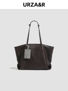 URZA&R Genuine Leather Tote Bag Womens Large Capacity Commuter Single Shoulder Bag 2025 New Style Casual Simple Style Foldable