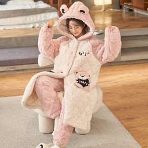 MiiOW | Thickened Coral Fleece Sleepwear Set Cute Cartoon Plush Robe For Women Winter Home Leisure Comfortable Long Pants Sleepwear