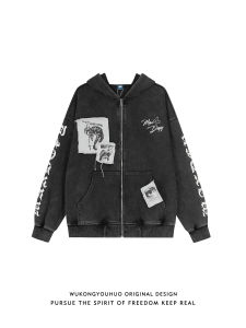 WUKONGYOUHUO | Áo Cardigan Thêu Hip-hop Đã Qua Rửa