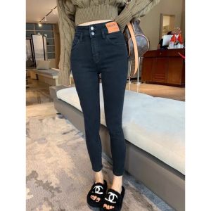 Double Button High Waist Skinny Pants Spring & Fall European Version Tight Denim Womens Elastic Slim Fit Slimming Easiest for Match Cropped Pants