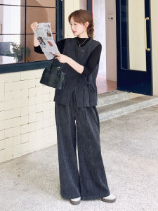 Grey Chic Belted Open Split Vest High Waist Wide Leg Pants Three Piece Set Womens Fashion Autumn Collection Elegant Style