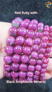 Graduation Grade Natural Red Ruby with Black Amphibole Mineral Bracelet