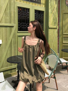Puff Sleeve Gathered Neckline Womens Dress Korean Style Summer Casual A-Line Skirt Bubble Dress Pleated Mini Dress