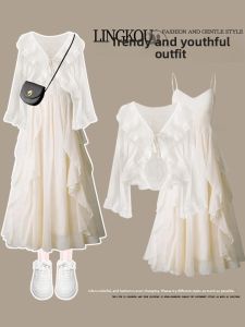 Summer French Style Long Dress Womens New White Sun Protection Shirt Matching Two-Piece Set High Waist Chiffon Commute