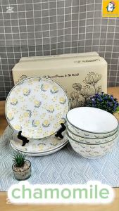 ส่งฟรี!!! จาน ชามเซรามิค ลายดอกคาโมมายล์ (เซต 6 ใบ มีของแถมทุกออเดอร์) เข้าไมโครเวฟได้ ถ้วยน่ารักๆ จานข้าว จานกระเบื้อง