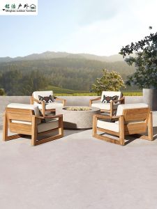 Outdoor Teak Wood Sofa Set Courtyard Villa Garden Waterproof Sunshade Casual Real Wood Furniture Movable North European Style