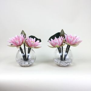 แจกันดอกบัวประดิษฐ์ ดอกบัวสีชมพูจัดในแจกันแก้วใสทรงกลม Artificial water lily arrangment