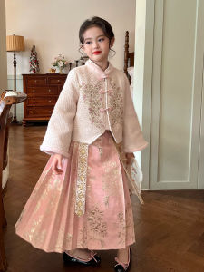 Chic New Year Outfit Set for Girls Growth Memories Childrens Clothing Brand Floral Print Single Button Closure Coat And Skirt