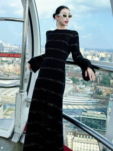 DANTING | Elegant Black Stripes Knit Dress