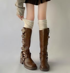 Wuuuus ผู้หญิง ฤดูใบไม้ร่วง ฤดูหนาว ถุงเท้าบูต ท่อยาวเหนือเข่า สีขาว ถุงเท้าบูตสีกาแฟสีน้ําตาล สบาย ผ้าฝ้าย ท่อสูง