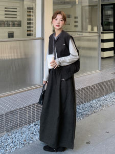 Charcoal Grey Korean Style Lazy Fashion Woolen Skirt Set Womens 2025 Autumn New Vest Inner Half Skirt Three-piece Set
