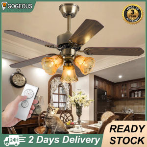Gogeous 48/42inch retro ceiling fan with light 6 gear wind tricolor dimming ceiling fan with lights and remote 5 blades big vintage ceiling fan with 3 bulbs big size for living room dinning room bedroom