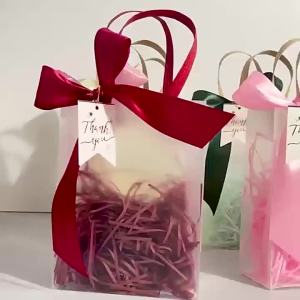 10/20pcs Clear PVC Gift Bags with Pink Ribbon Plastic Tote Bag Gift Wrap Bag for Wrapping Holiday Gifts Shopping Birthday Supply