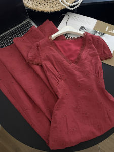 PAIBOLI | Retro Red V-neck Short Sleeve Dress